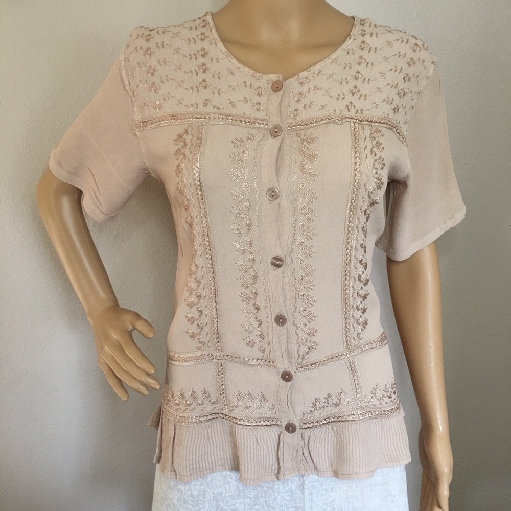 Vintage Hippie Embroidered Trim Blouse Free Size